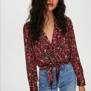 Aritzia Wilfred Brown & Fushia Pink Tie Up Blouse